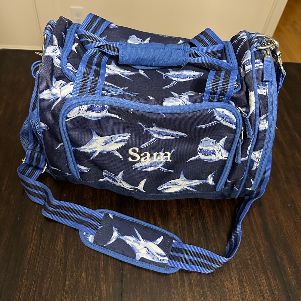 “Sam” Pottery Barn Kids duffle bag, shark pattern